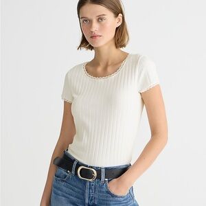 J. Crew Pointelle Short Sleeve Cream Ribbed Top With Lace Detail | M